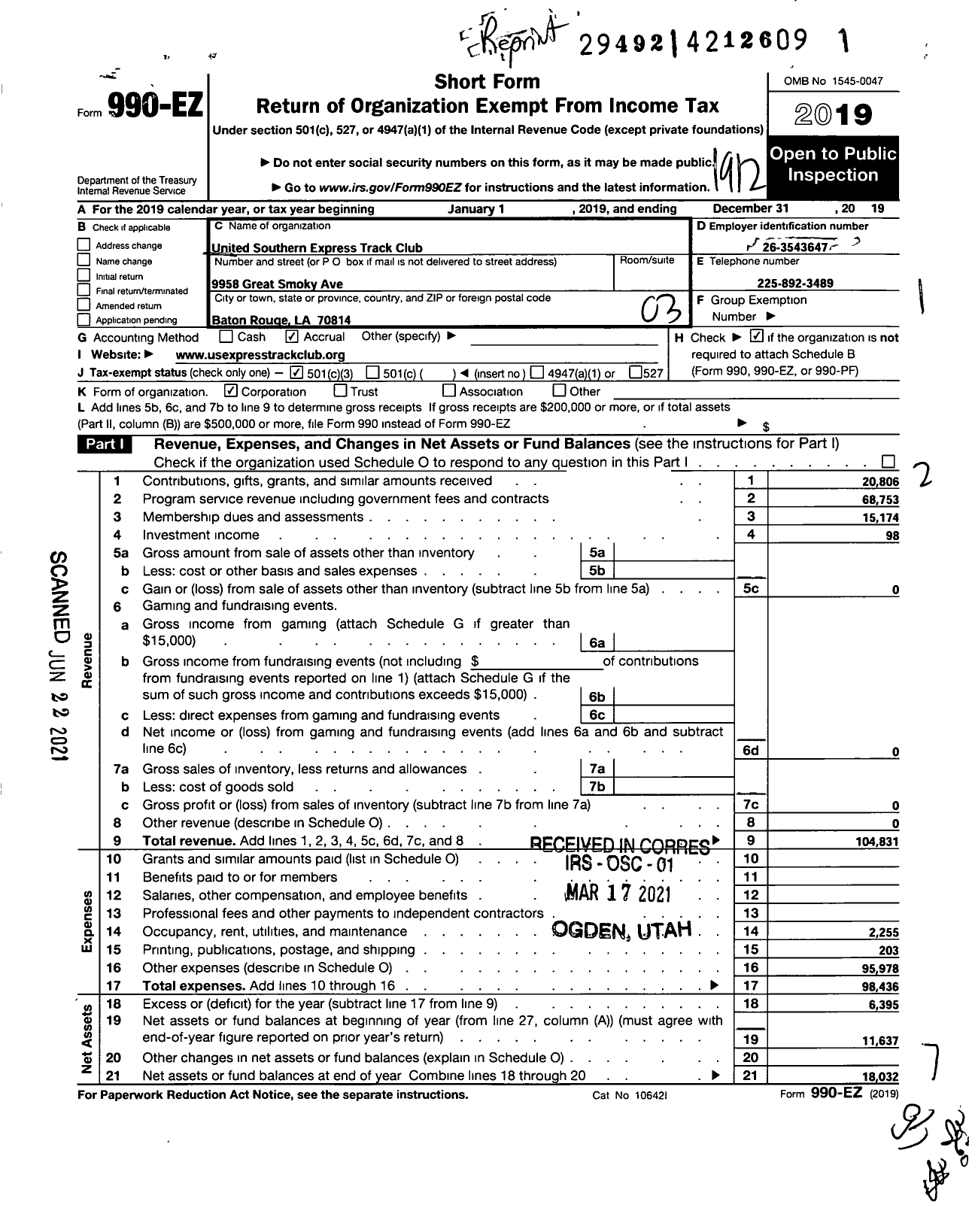 Image of first page of 2019 Form 990EZ for United Southern Express Track Club