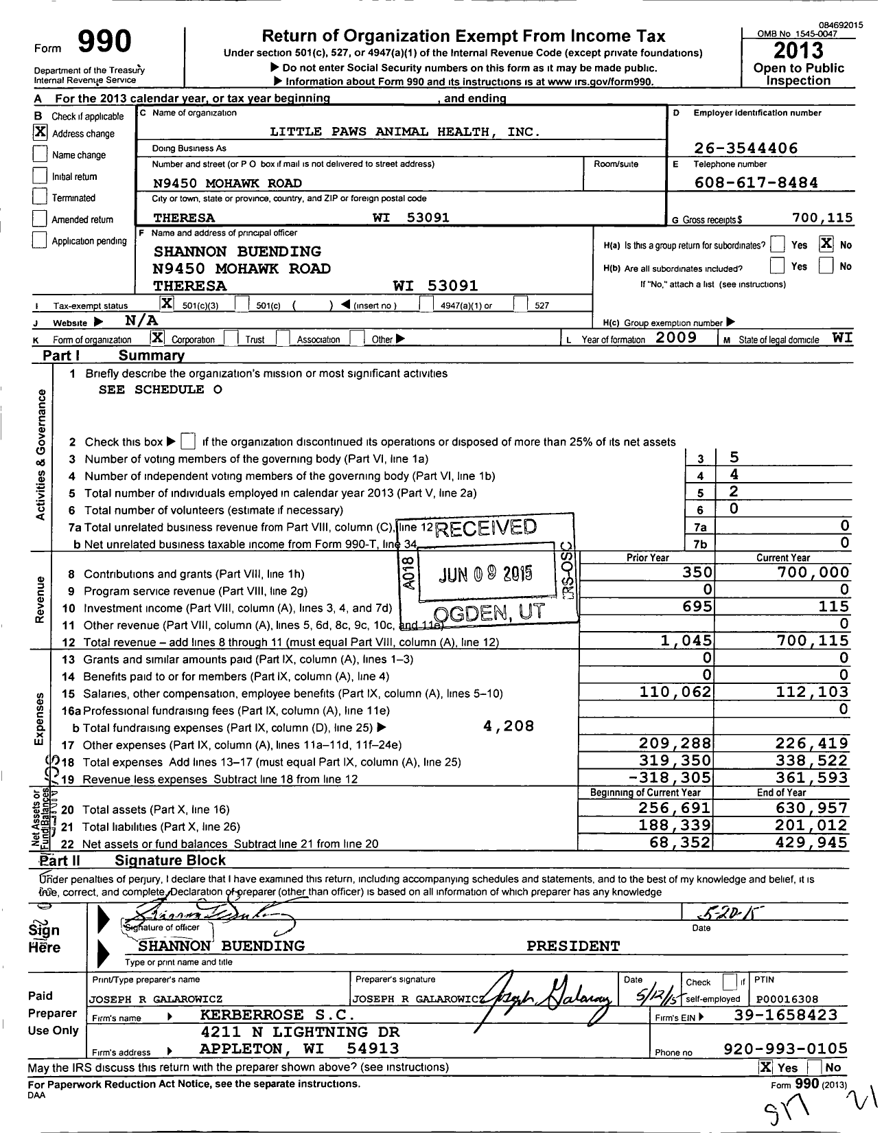 Image of first page of 2013 Form 990 for Little Paws Animal Health