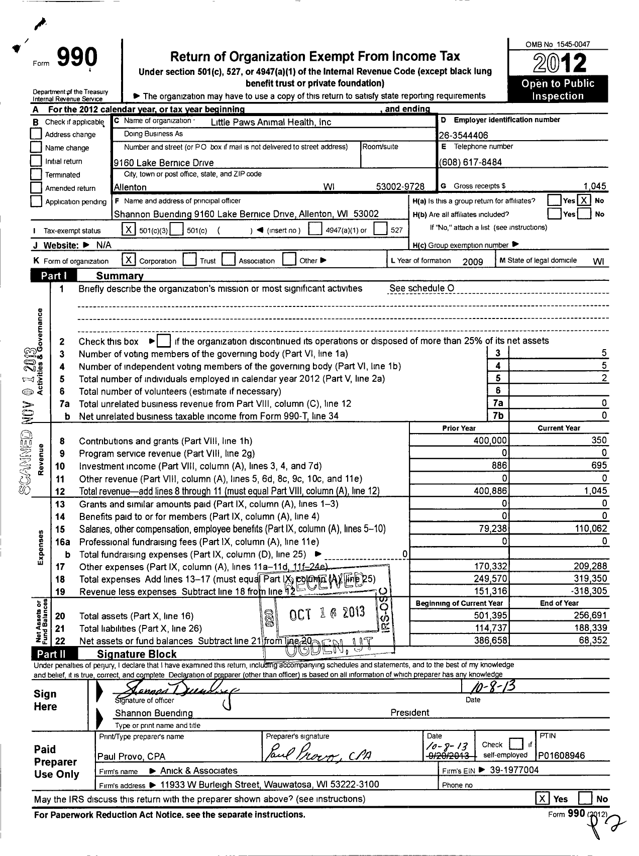 Image of first page of 2012 Form 990 for Little Paws Animal Health