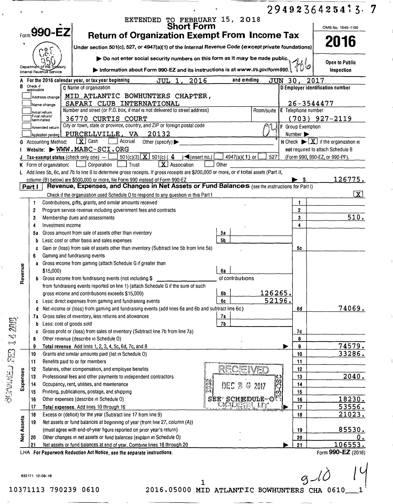 Image of first page of 2016 Form 990EO for Mid Atlantic Bowhunters Chapter Safari Club International