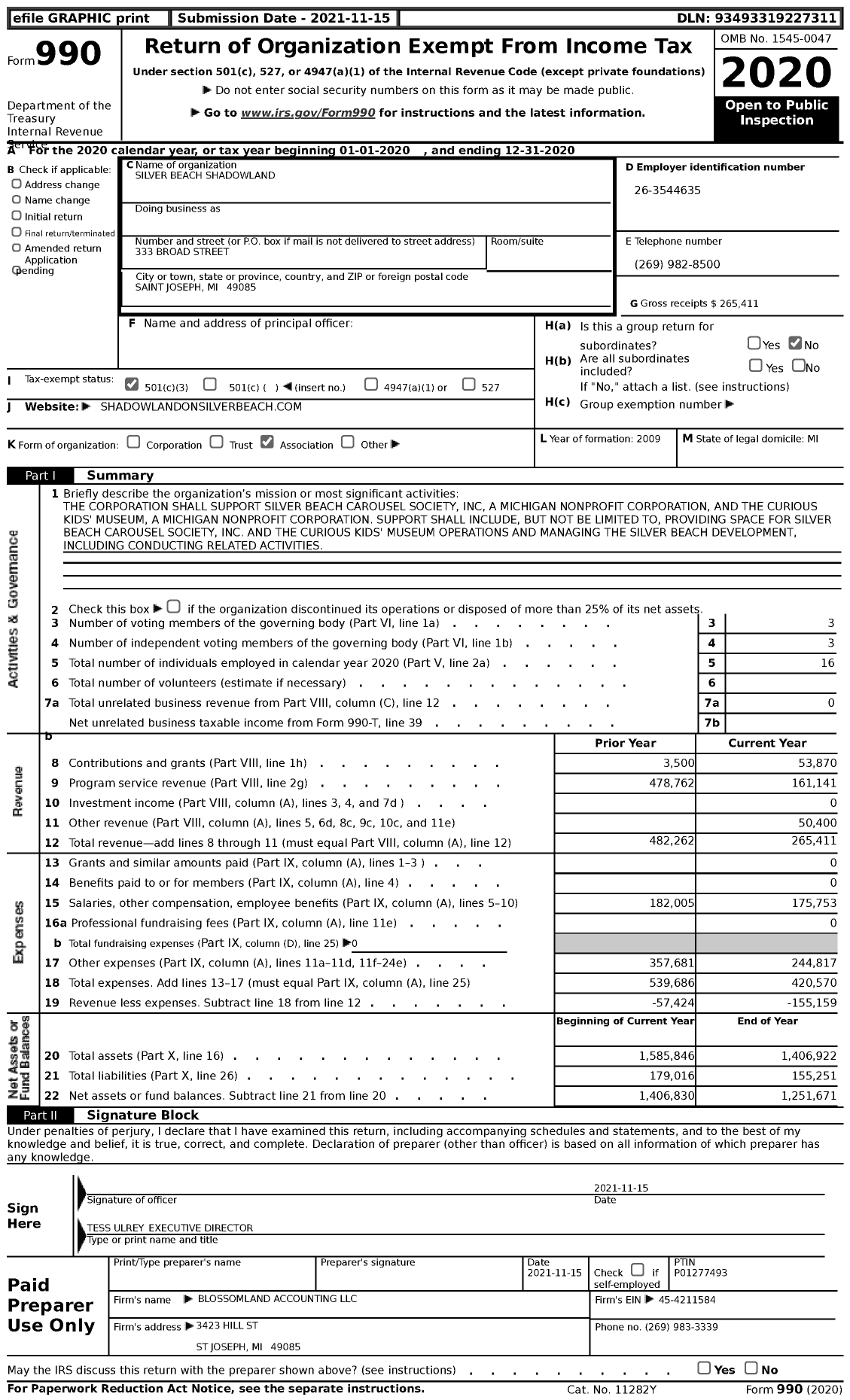 Image of first page of 2020 Form 990 for Silver Beach Shadowland