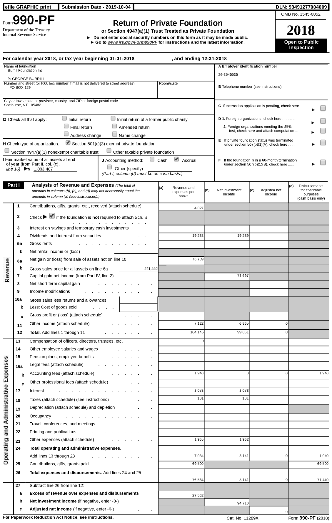 Image of first page of 2018 Form 990PF for Burrill Foundation