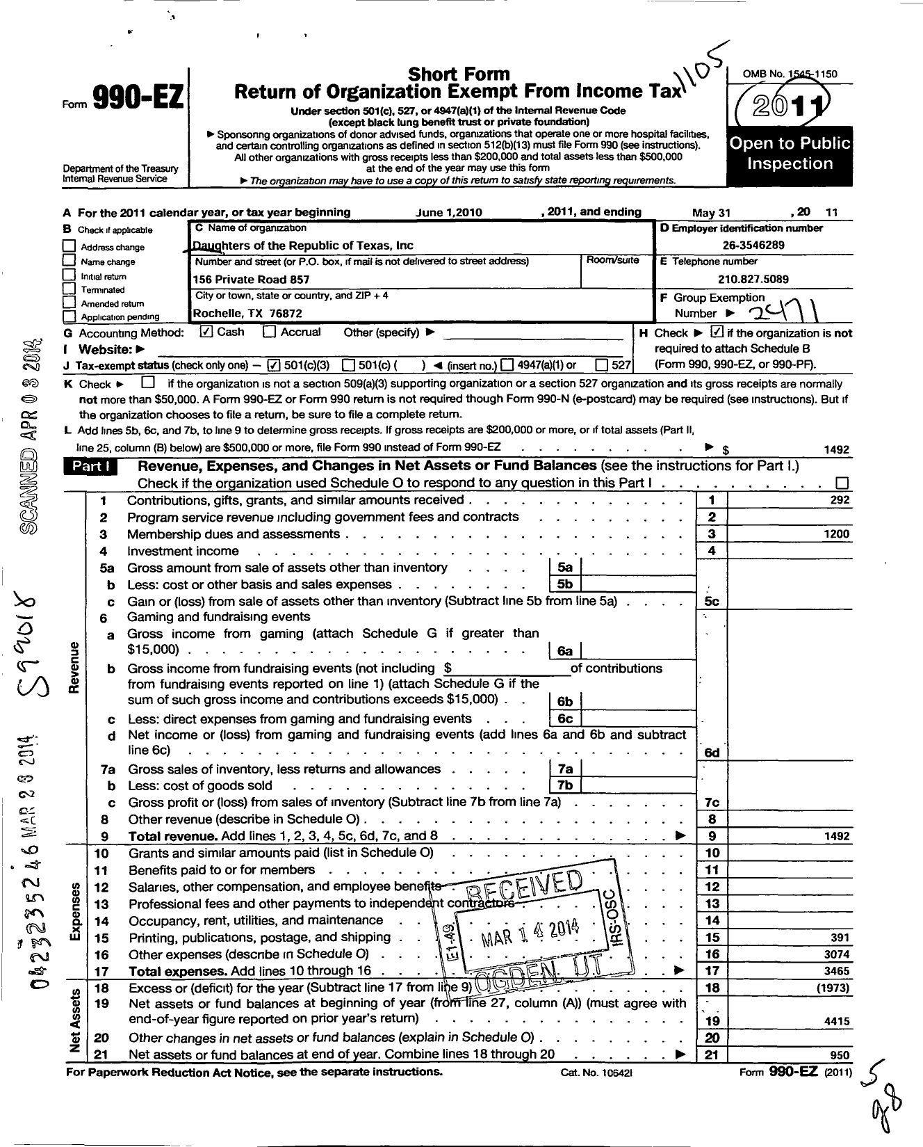 Image of first page of 2010 Form 990EZ for Daughters of the Republic of TX / Heart of Texas