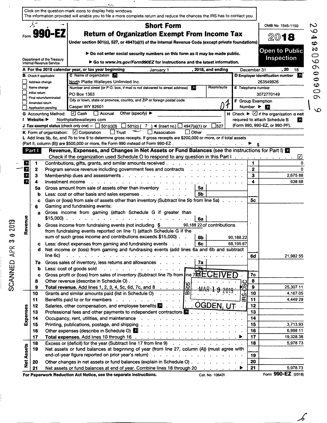 Image of first page of 2018 Form 990EO for North Platte Walleyes Unlimited