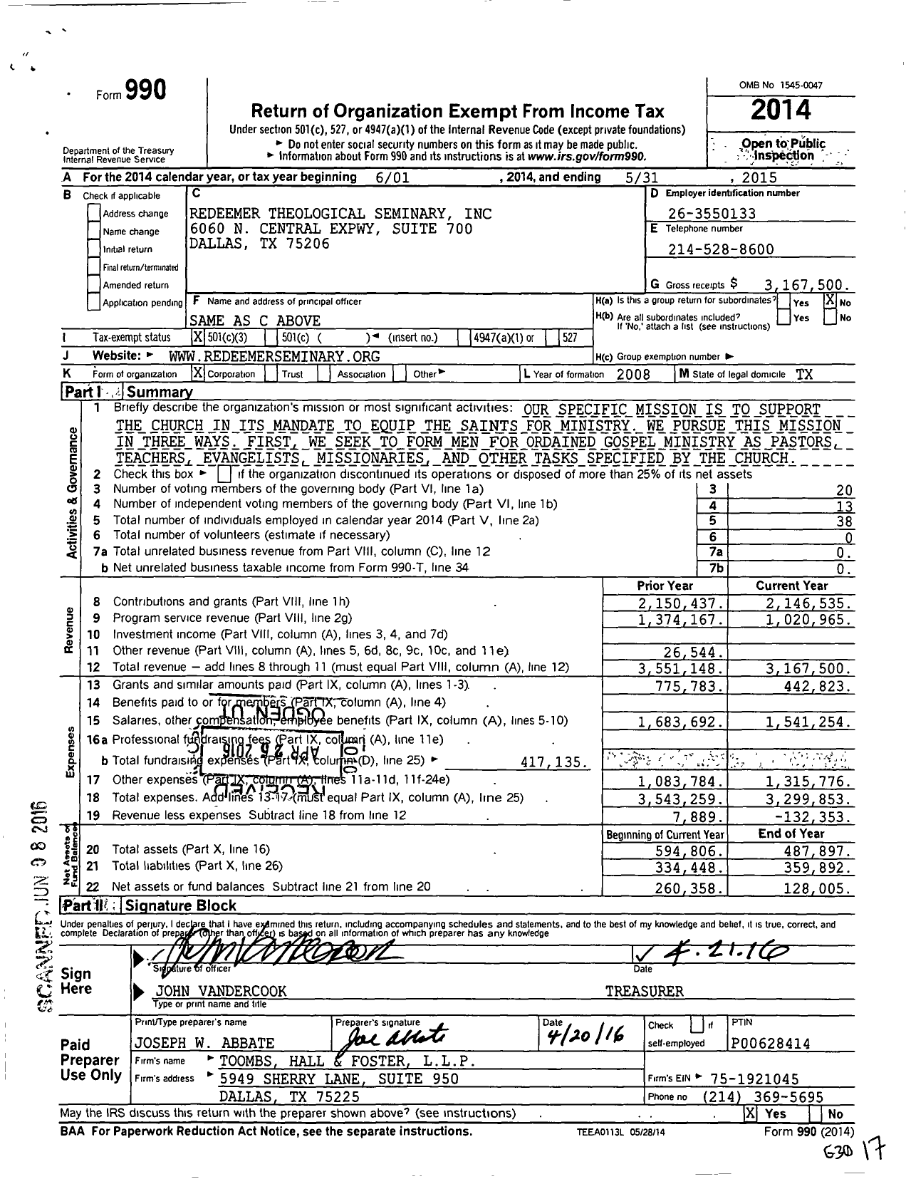 Image of first page of 2014 Form 990 for Redeemer Theological Seminary