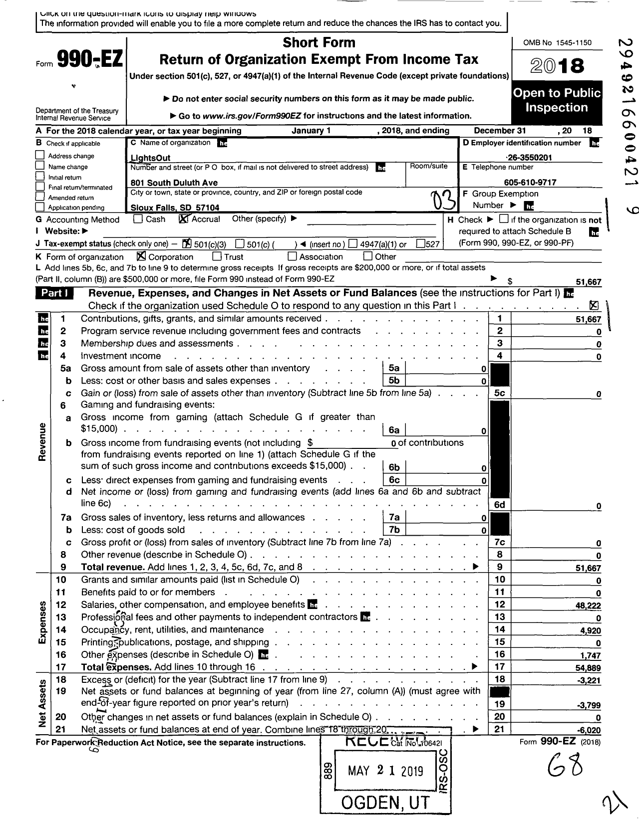 Image of first page of 2018 Form 990EZ for Lightsout