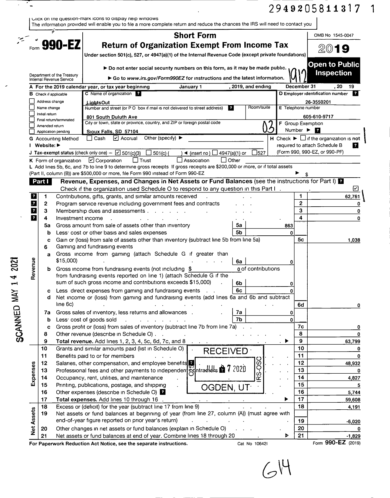 Image of first page of 2019 Form 990EZ for Lightsout