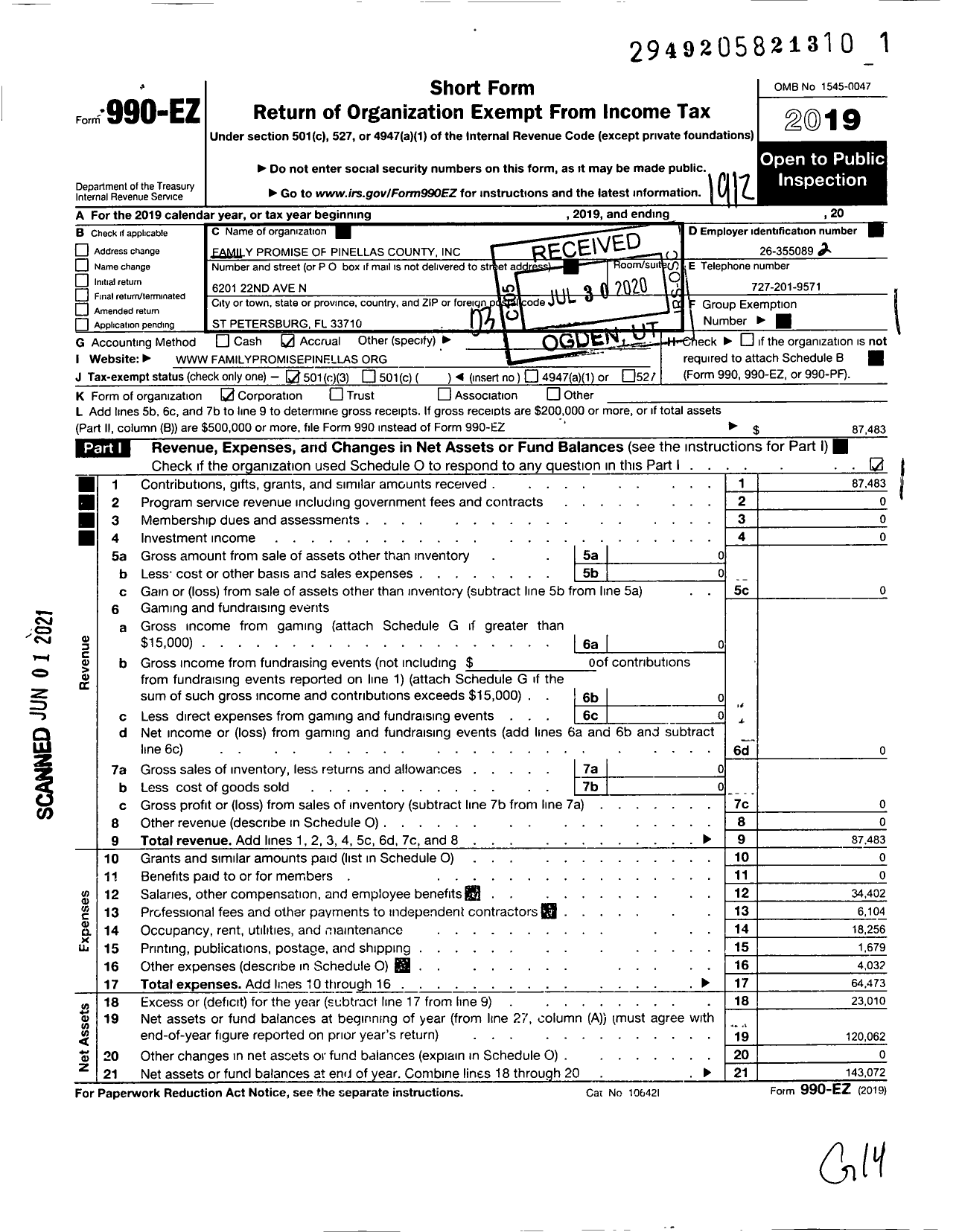 Image of first page of 2019 Form 990EZ for Family Promise of Pinellas County