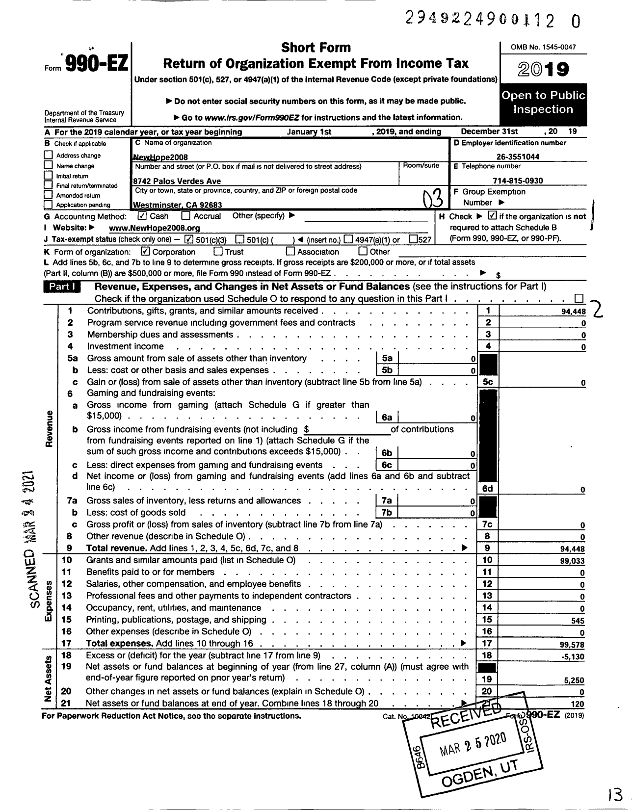 Image of first page of 2019 Form 990EZ for Newhope2008