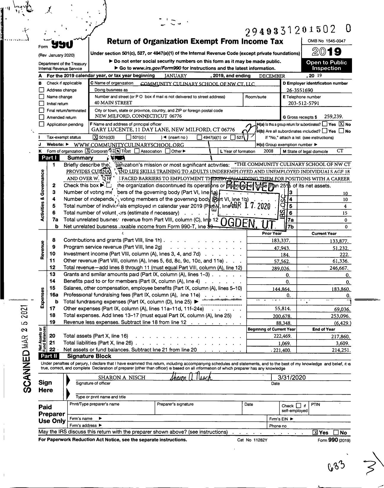 Image of first page of 2019 Form 990 for Community Culinary School of NW CT LLC