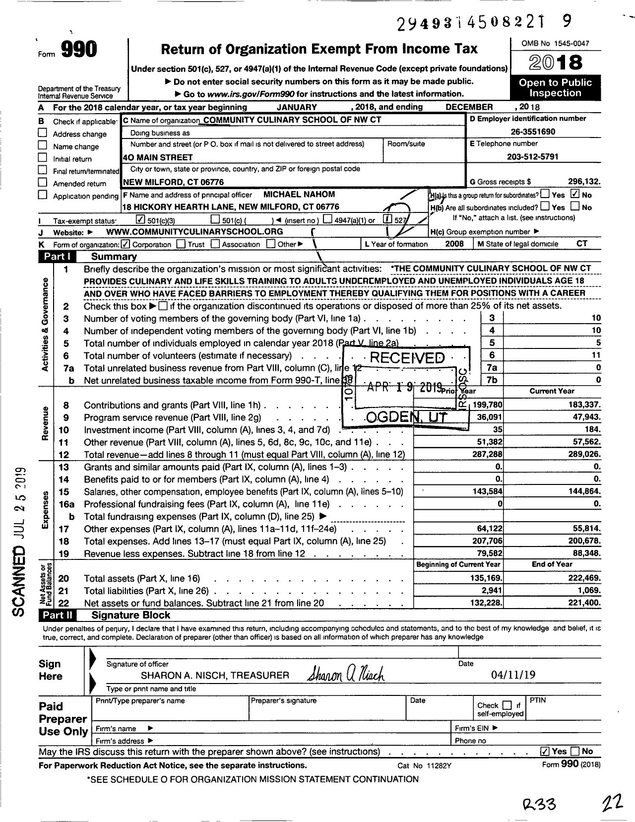 Image of first page of 2018 Form 990 for Community Culinary School of NW CT LLC