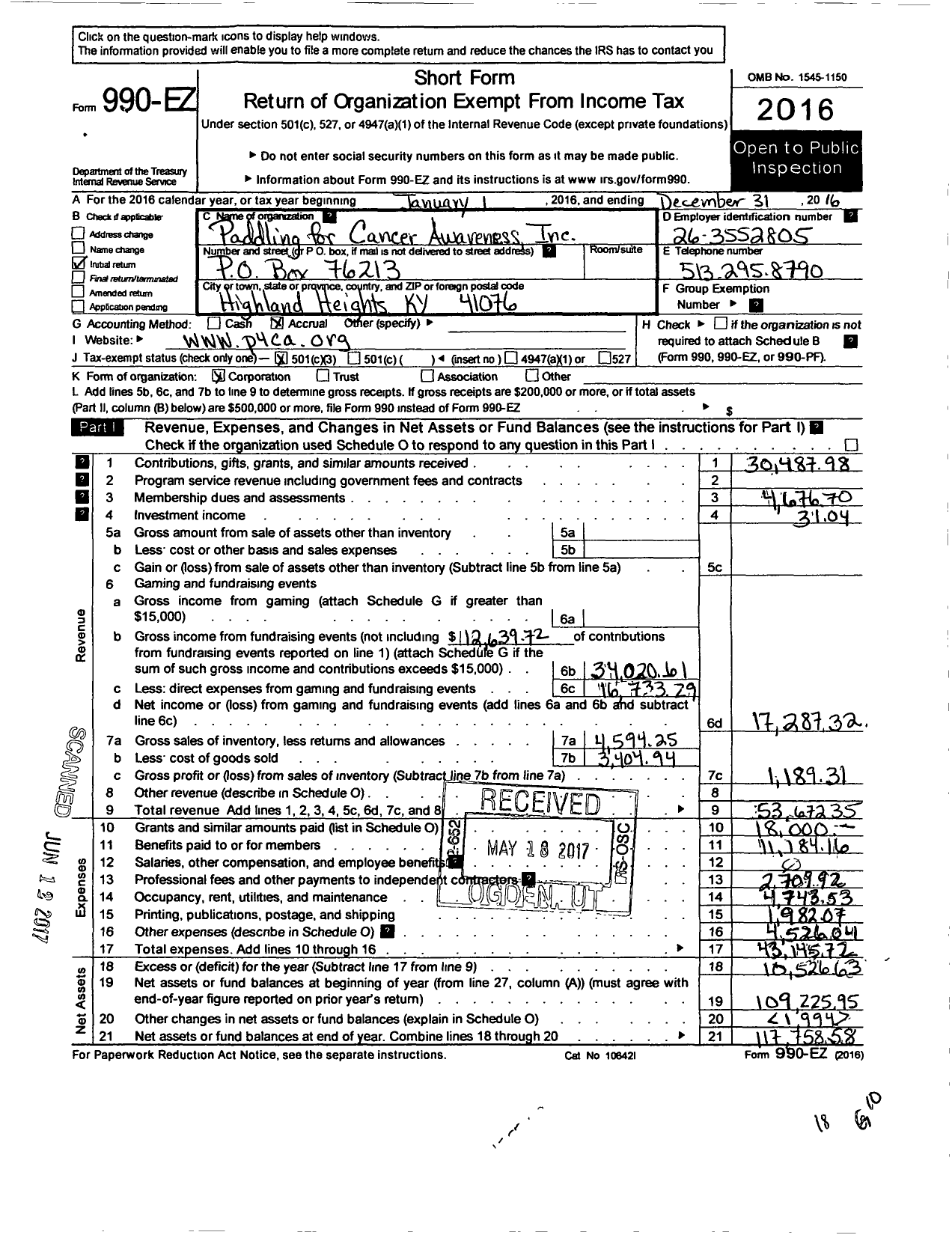 Image of first page of 2016 Form 990EZ for Paddling for Cancer Awareness