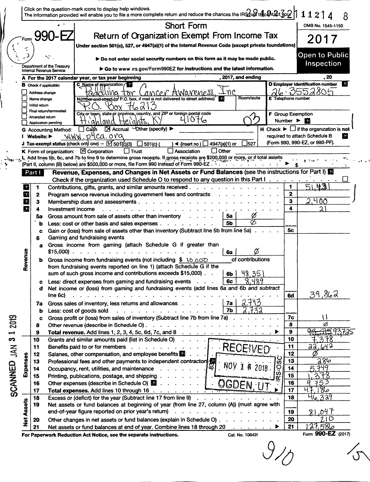 Image of first page of 2017 Form 990EZ for Paddling for Cancer Awareness