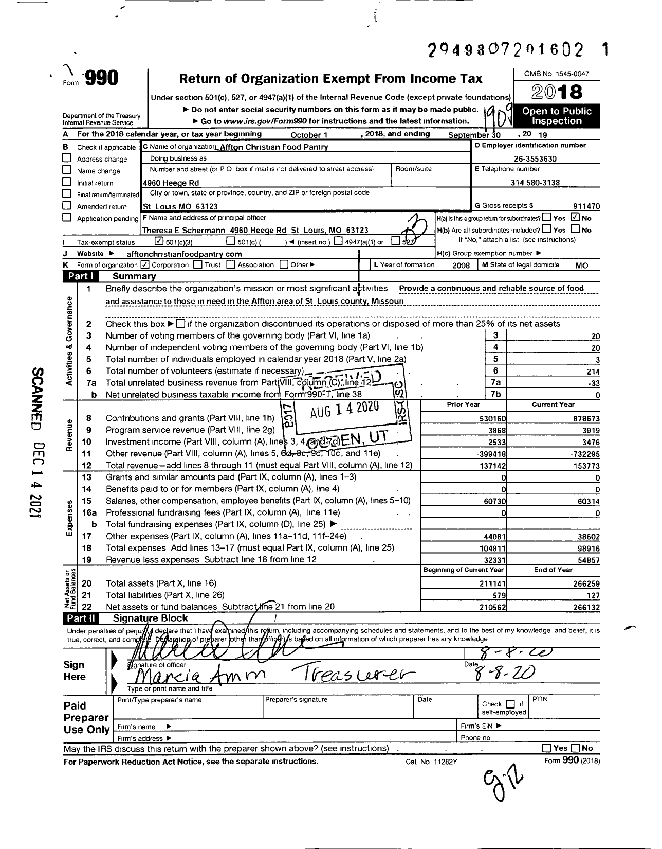 Image of first page of 2018 Form 990 for Affton Christian Food Pantry