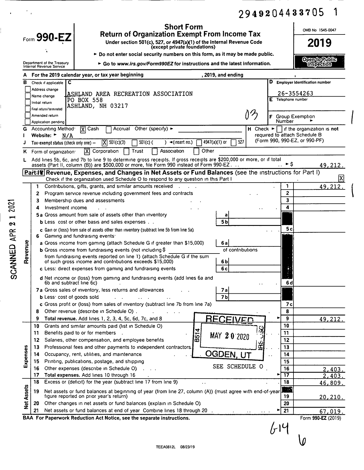 Image of first page of 2019 Form 990EZ for Ashland Area Recreation Association