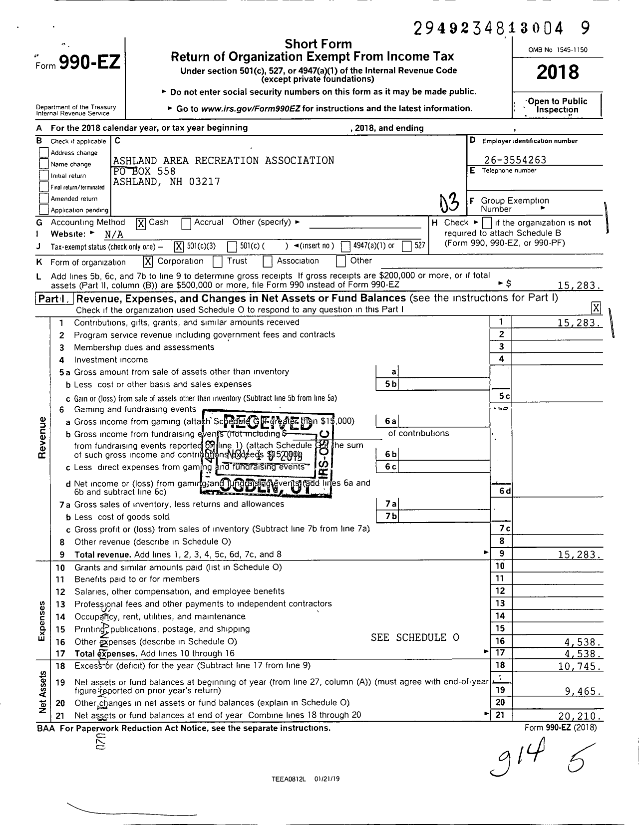 Image of first page of 2018 Form 990EZ for Ashland Area Recreation Association