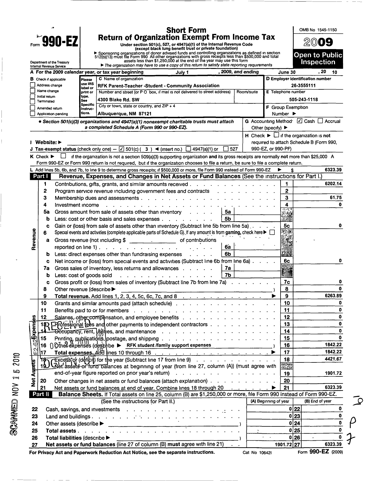 Image of first page of 2009 Form 990EZ for PTA New Mexico Congress / RFK Charter High School PTA