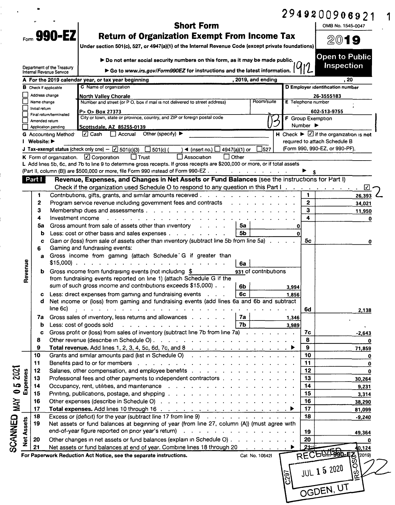 Image of first page of 2019 Form 990EZ for North Valley Chorale