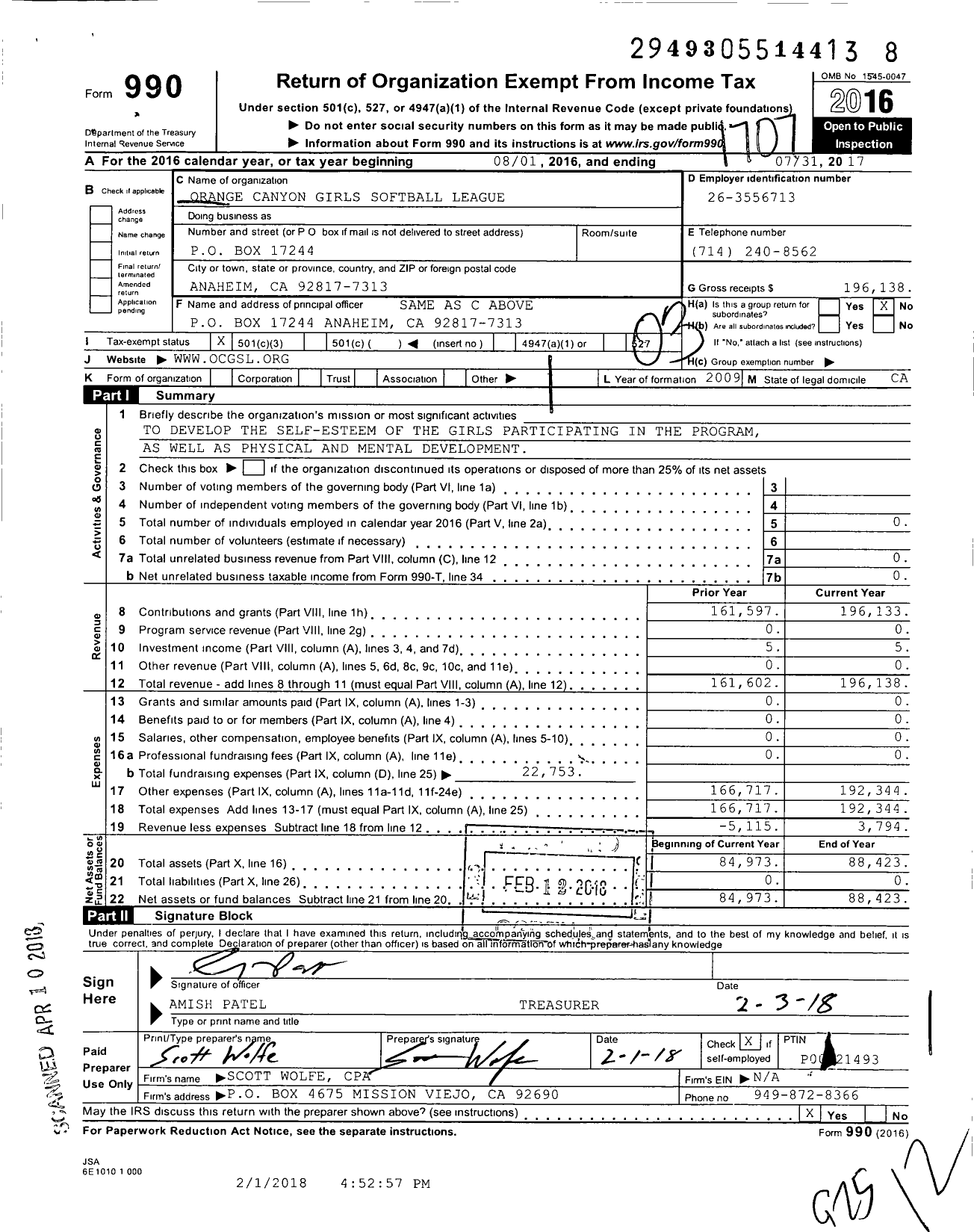 Image of first page of 2016 Form 990 for Orange Canyon Girls Softball League