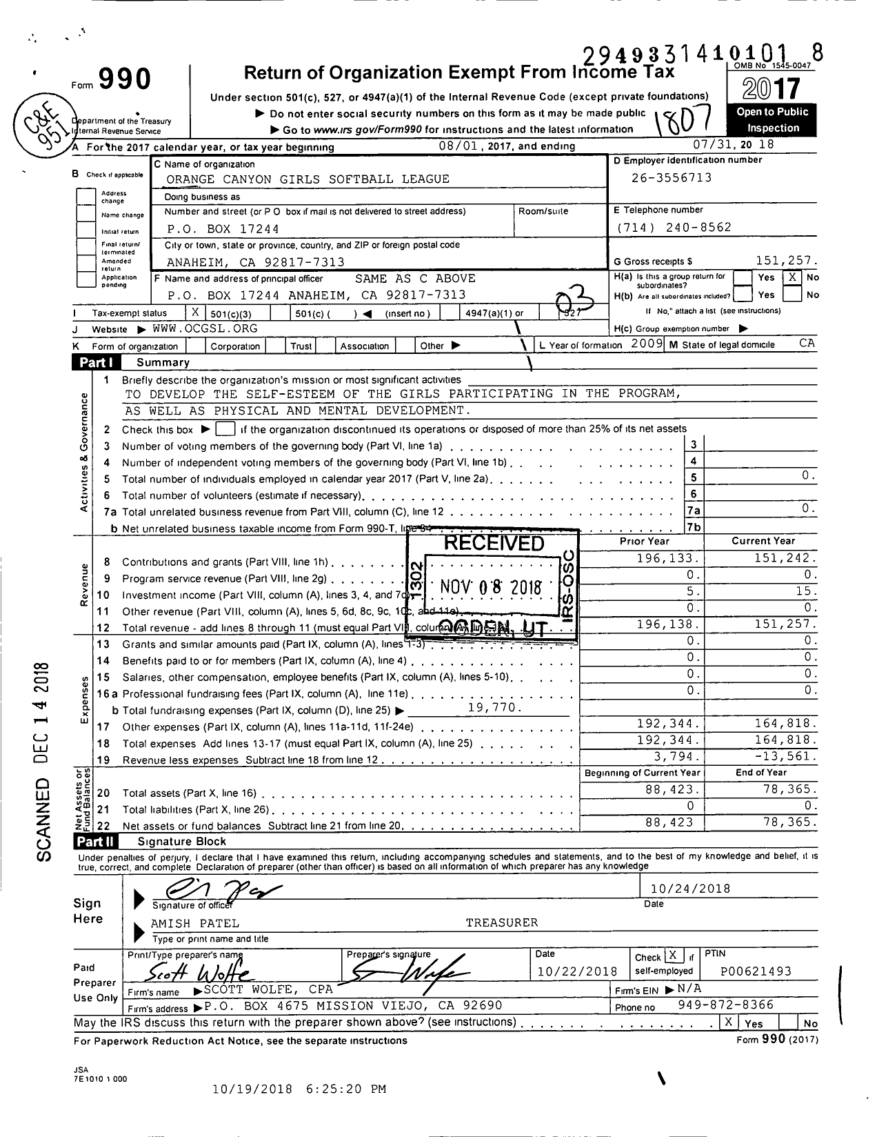 Image of first page of 2017 Form 990 for Orange Canyon Girls Softball League