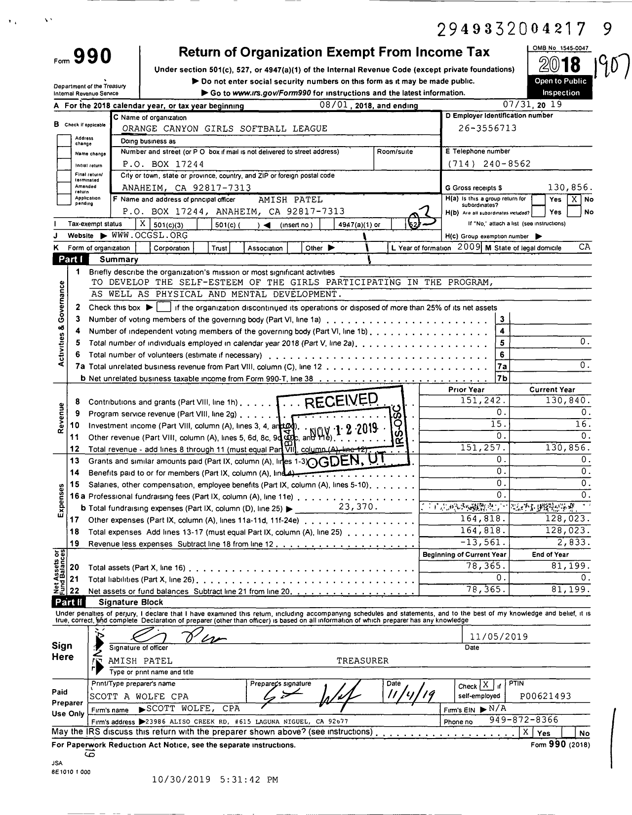 Image of first page of 2018 Form 990 for Orange Canyon Girls Softball League