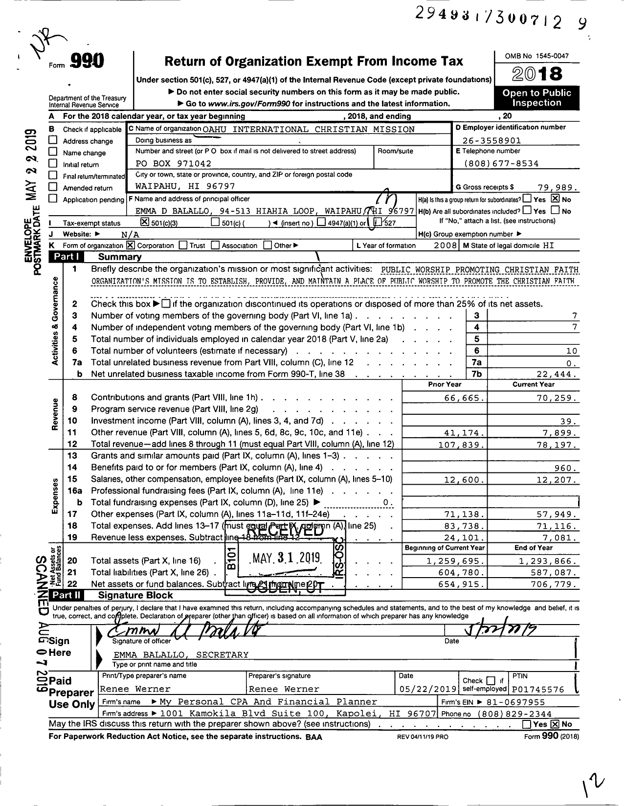 Image of first page of 2018 Form 990 for Oahu International Christian Mission