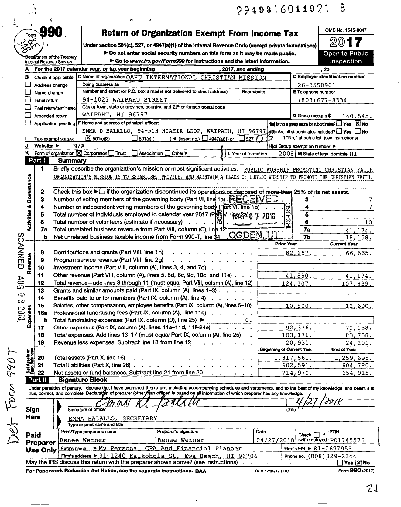 Image of first page of 2017 Form 990 for Oahu International Christian Mission