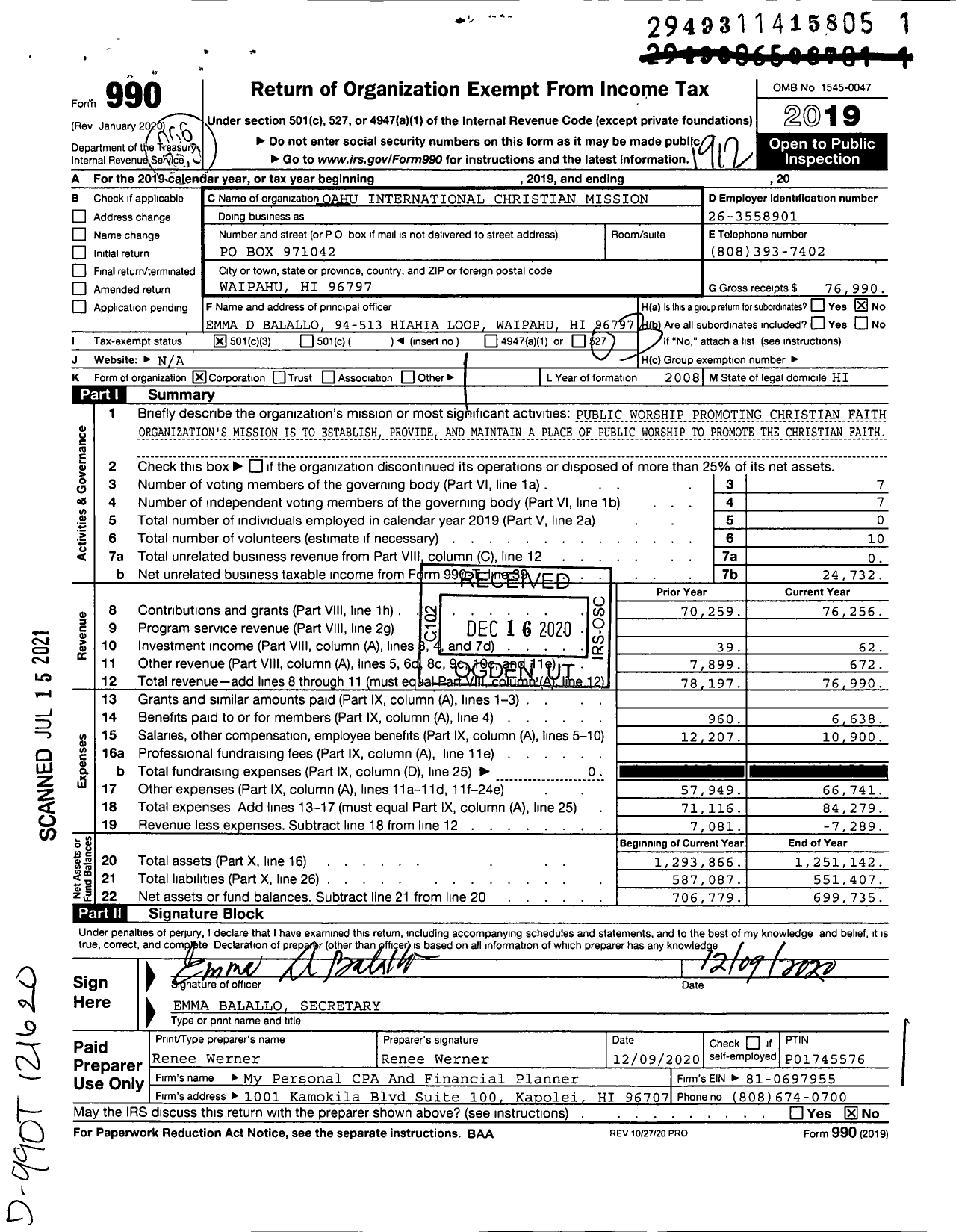 Image of first page of 2019 Form 990 for Oahu International Christian Mission