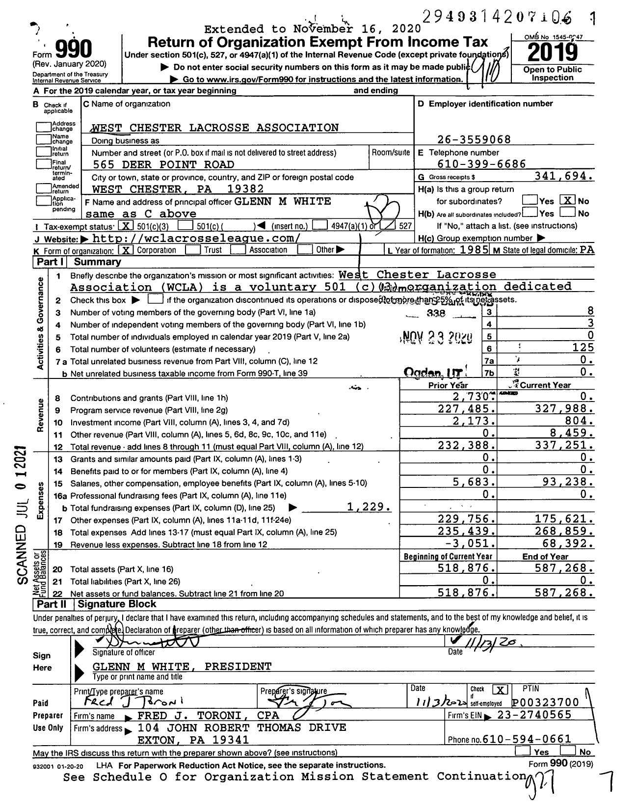 Image of first page of 2019 Form 990 for West Chester Lacrosse Association