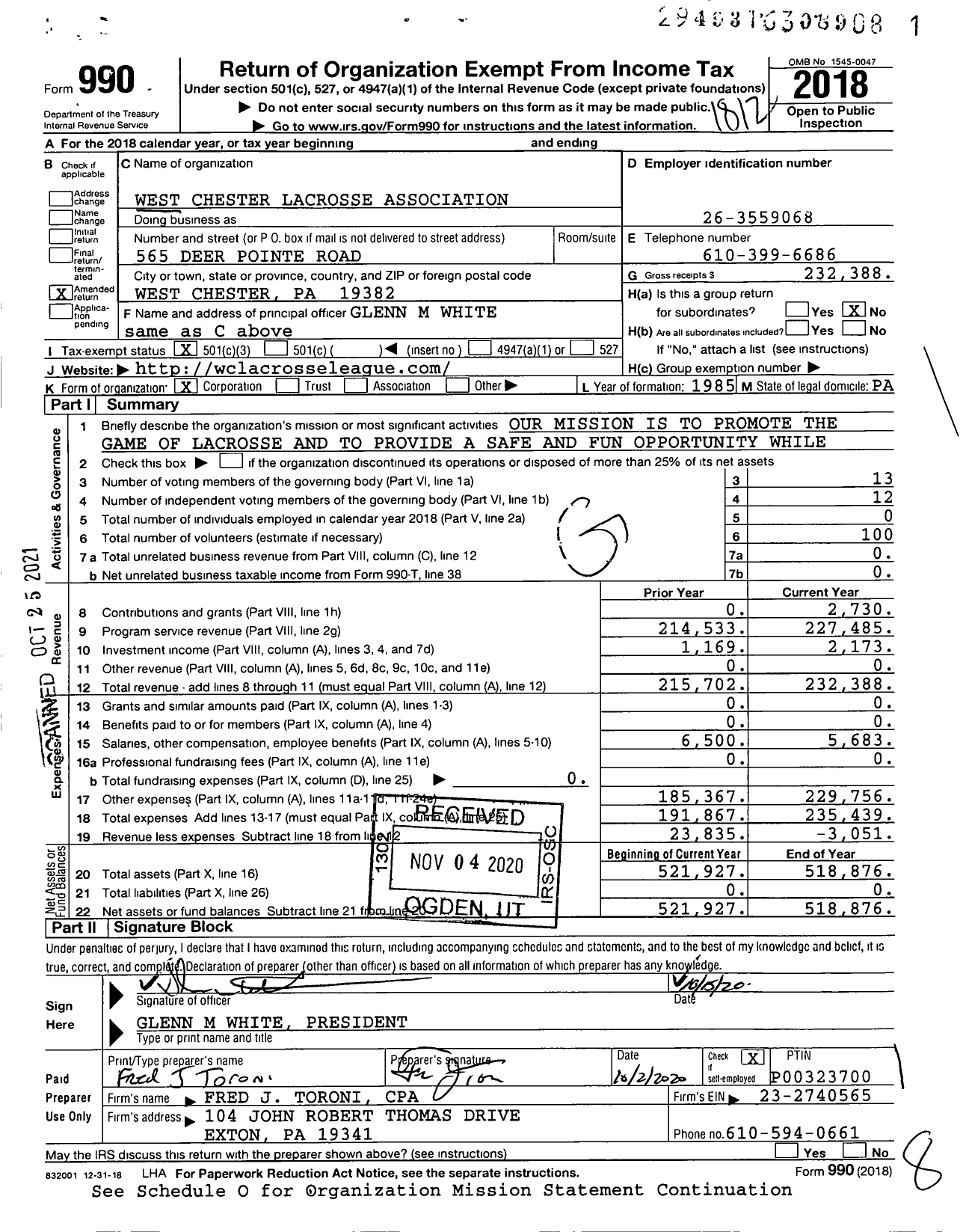 Image of first page of 2018 Form 990 for West Chester Lacrosse Association