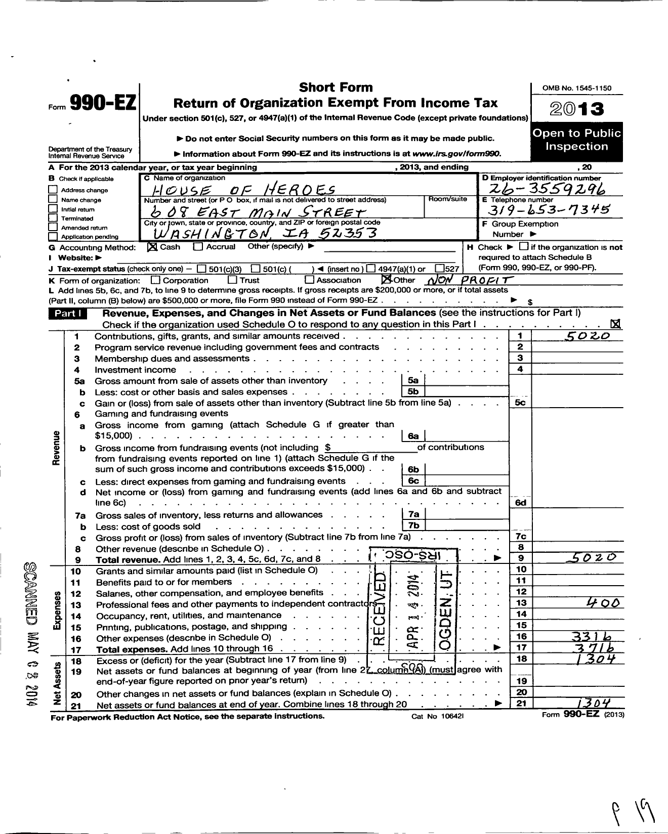 Image of first page of 2013 Form 990EO for House of Heroes / Washington Ia Chapter