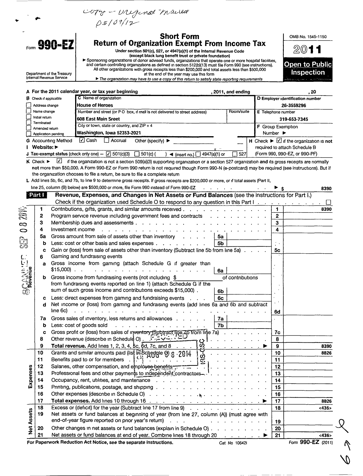 Image of first page of 2011 Form 990EZ for House of Heroes / Washington Ia Chapter