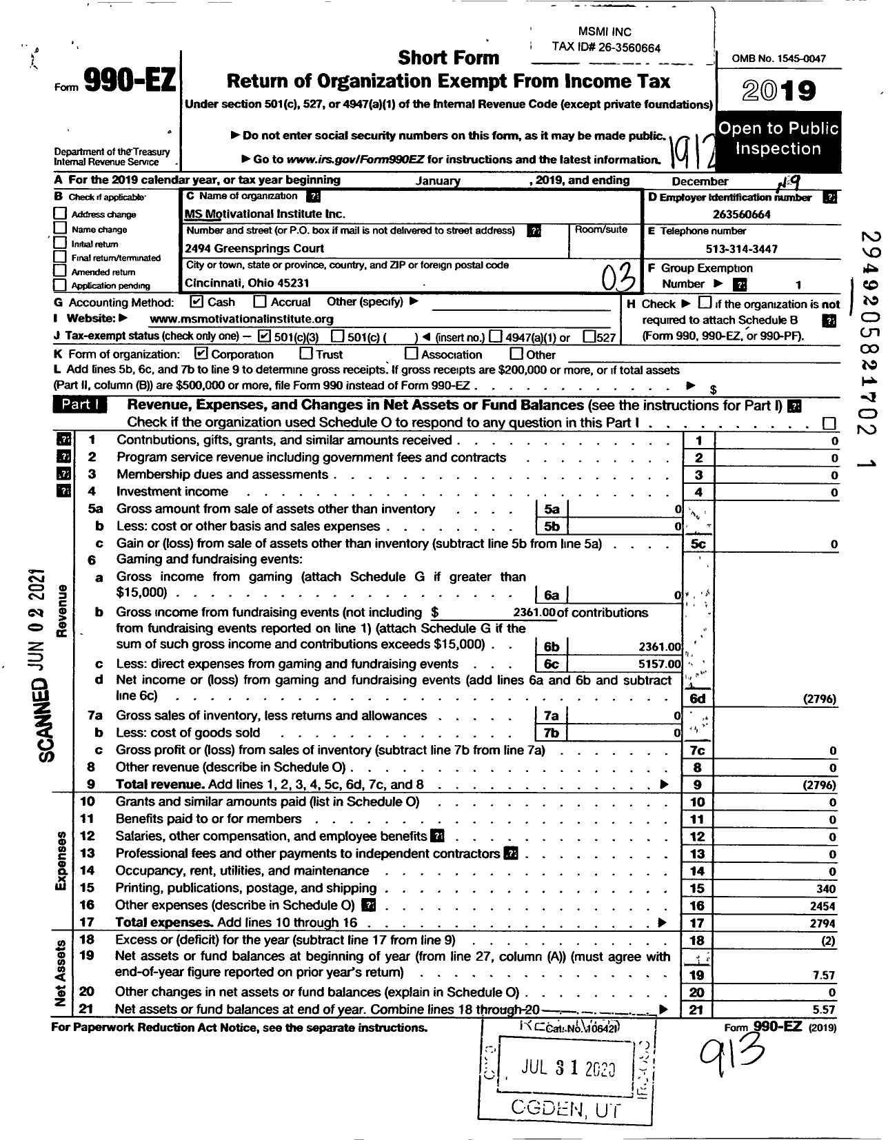 Image of first page of 2019 Form 990EZ for MS Motivational Institute