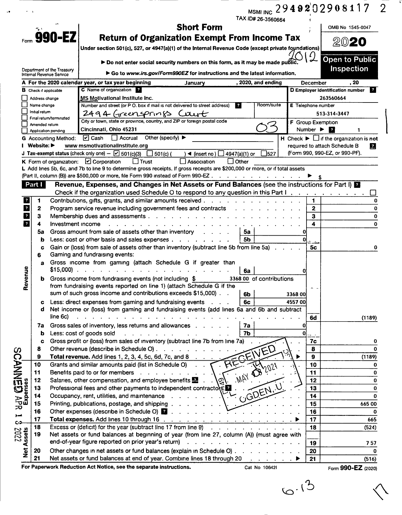 Image of first page of 2020 Form 990EZ for MS Motivational Institute