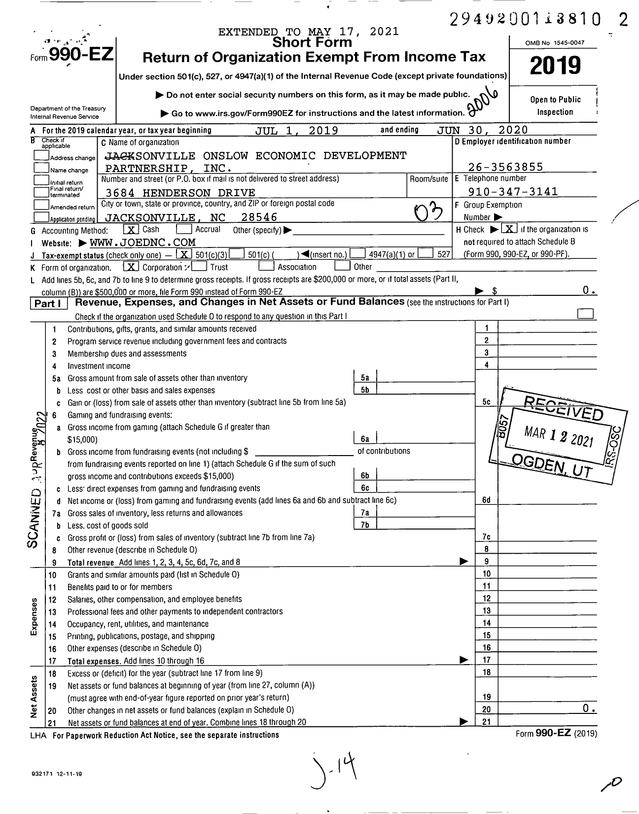 Image of first page of 2019 Form 990EZ for Jacksonville Onslow Economic Development Partnership