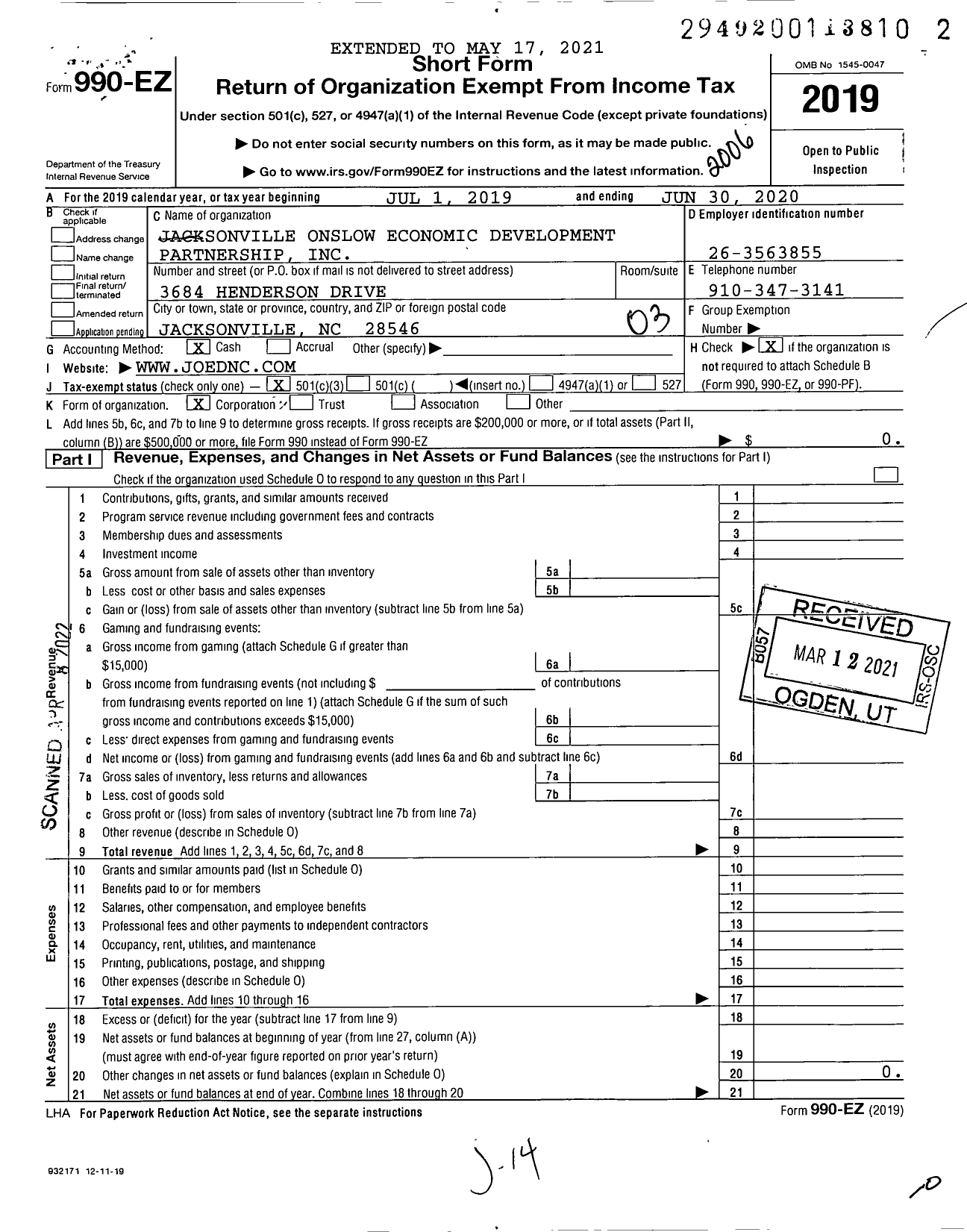 Image of first page of 2019 Form 990EZ for Jacksonville Onslow Economic Development Pment Partnership