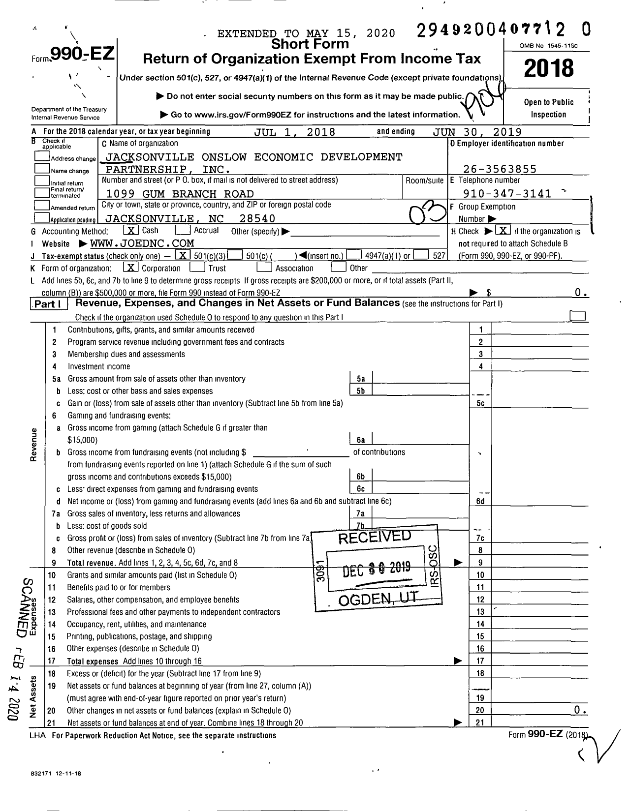 Image of first page of 2018 Form 990EZ for Jacksonville Onslow Economic Development Pment Partnership