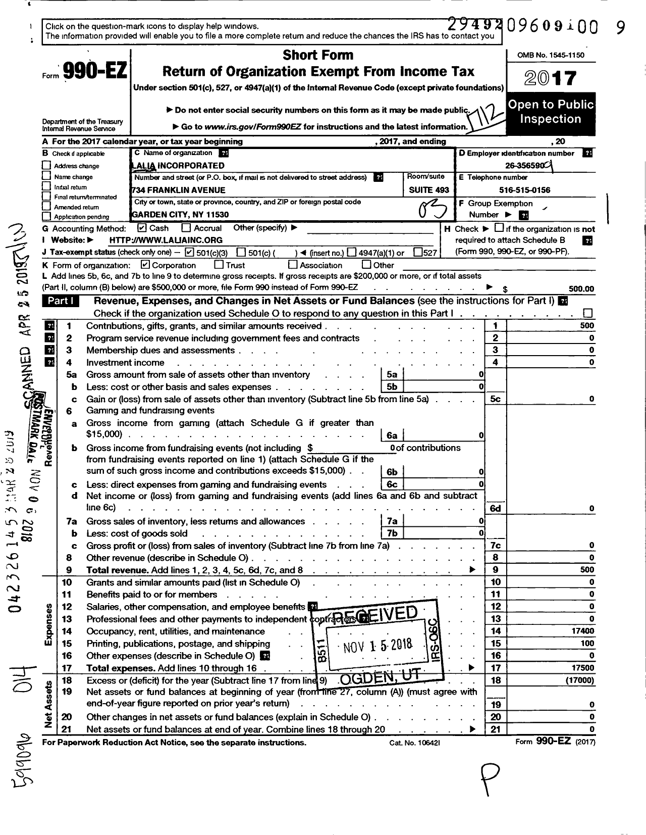 Image of first page of 2017 Form 990EZ for Lalia Incorporated