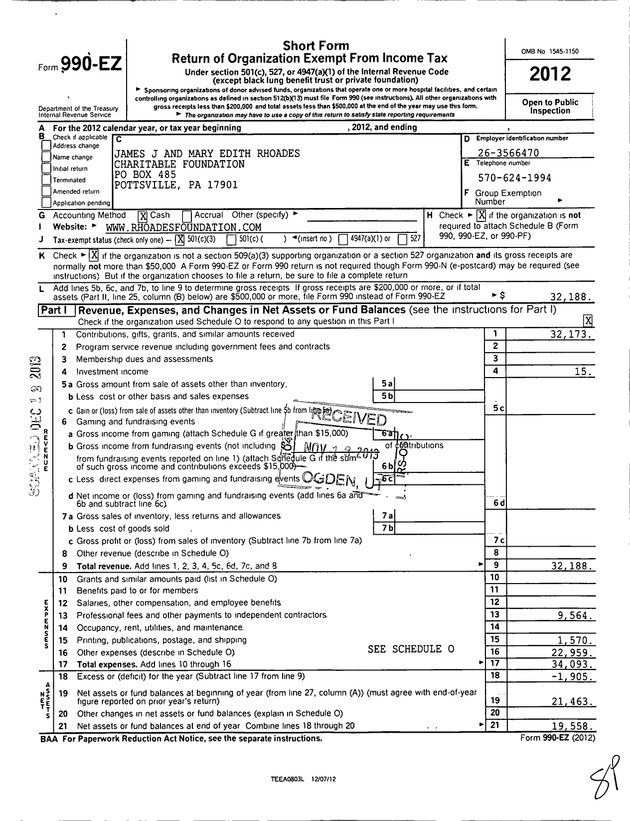 Image of first page of 2012 Form 990EZ for James J and Mary Edith Rhoades Charitable Foundation