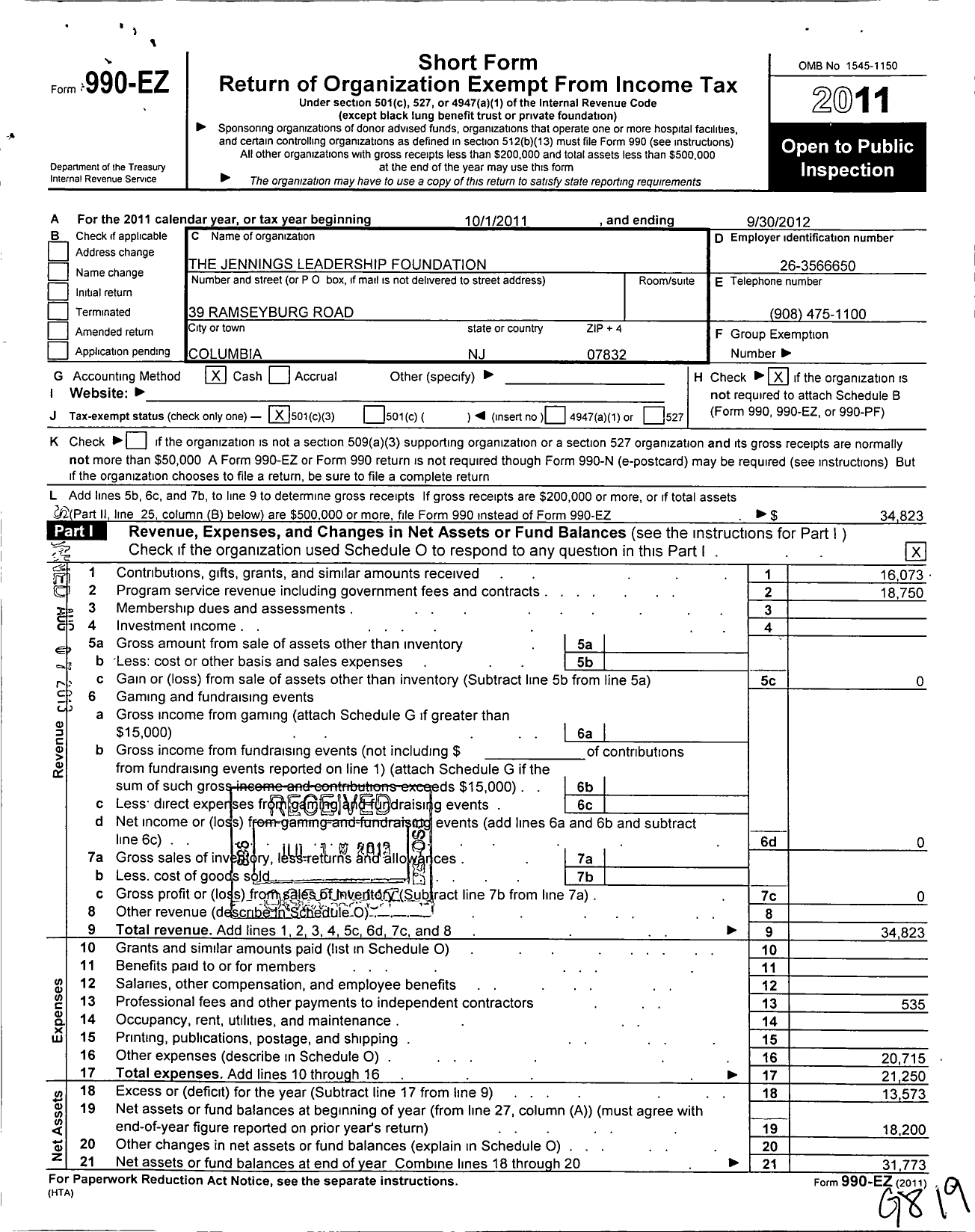 Image of first page of 2011 Form 990EZ for Jennings Leadership Foundation