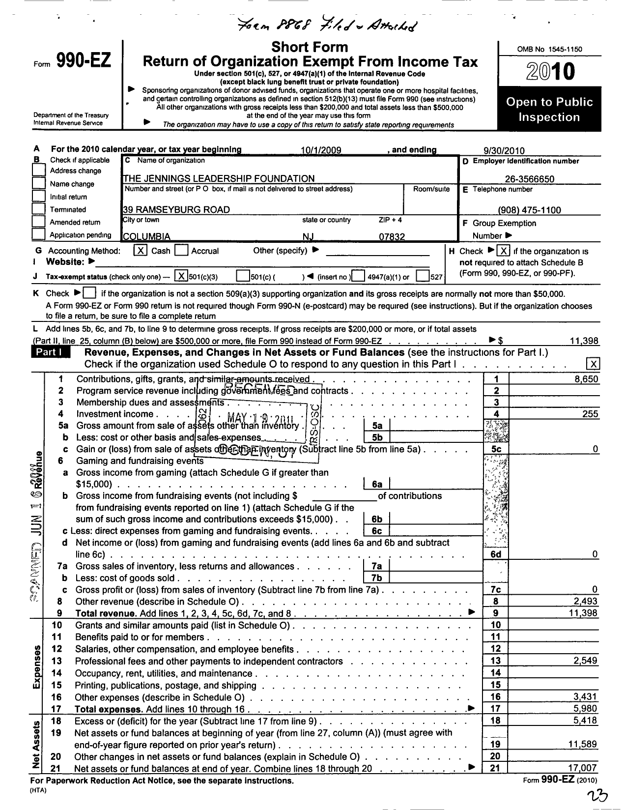 Image of first page of 2009 Form 990EZ for Jennings Leadership Foundation