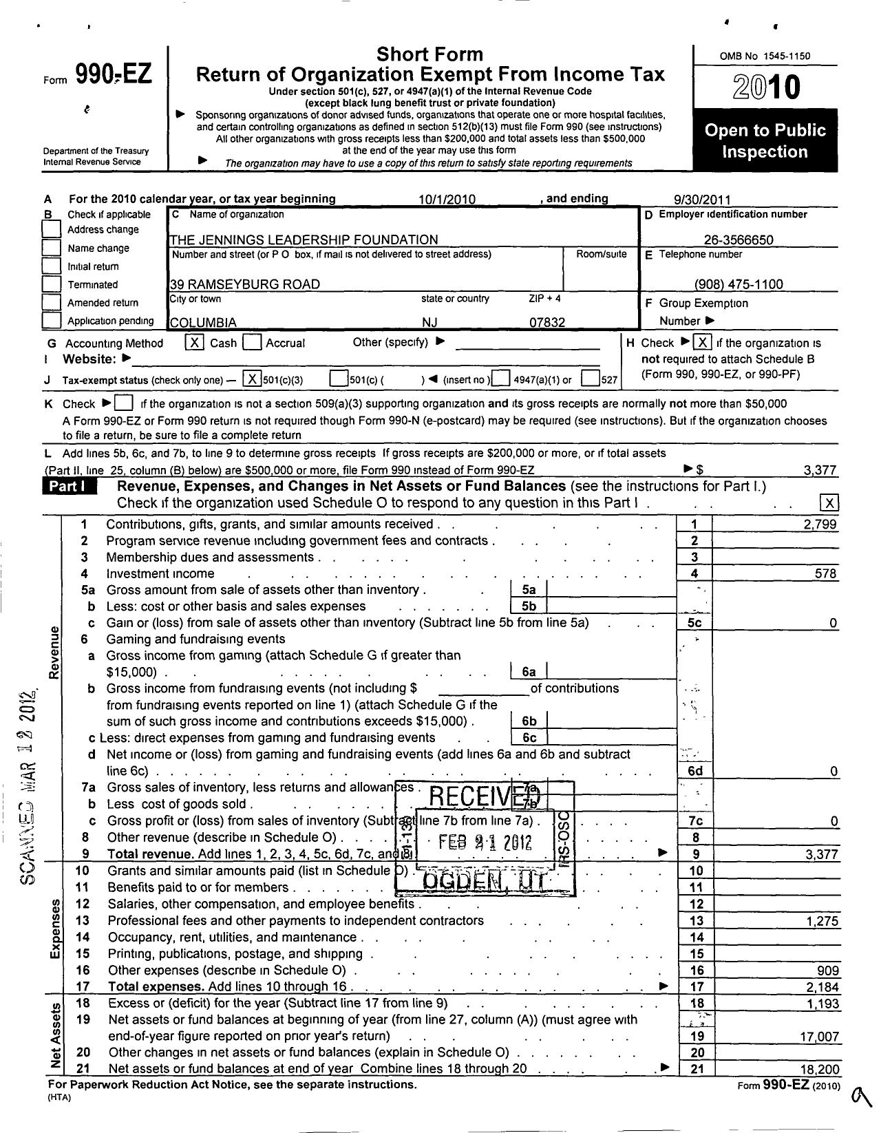 Image of first page of 2010 Form 990EZ for Jennings Leadership Foundation