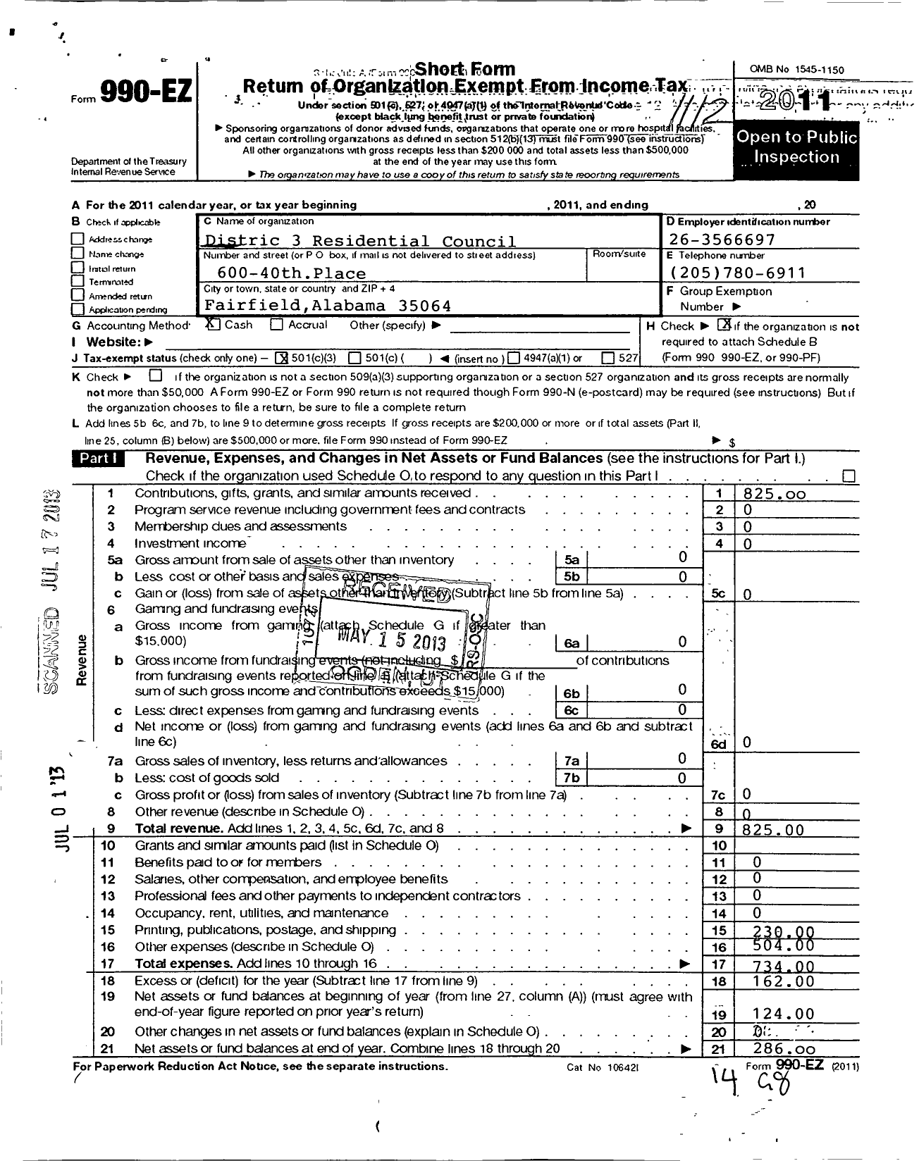 Image of first page of 2011 Form 990EZ for District 3 Residential Council