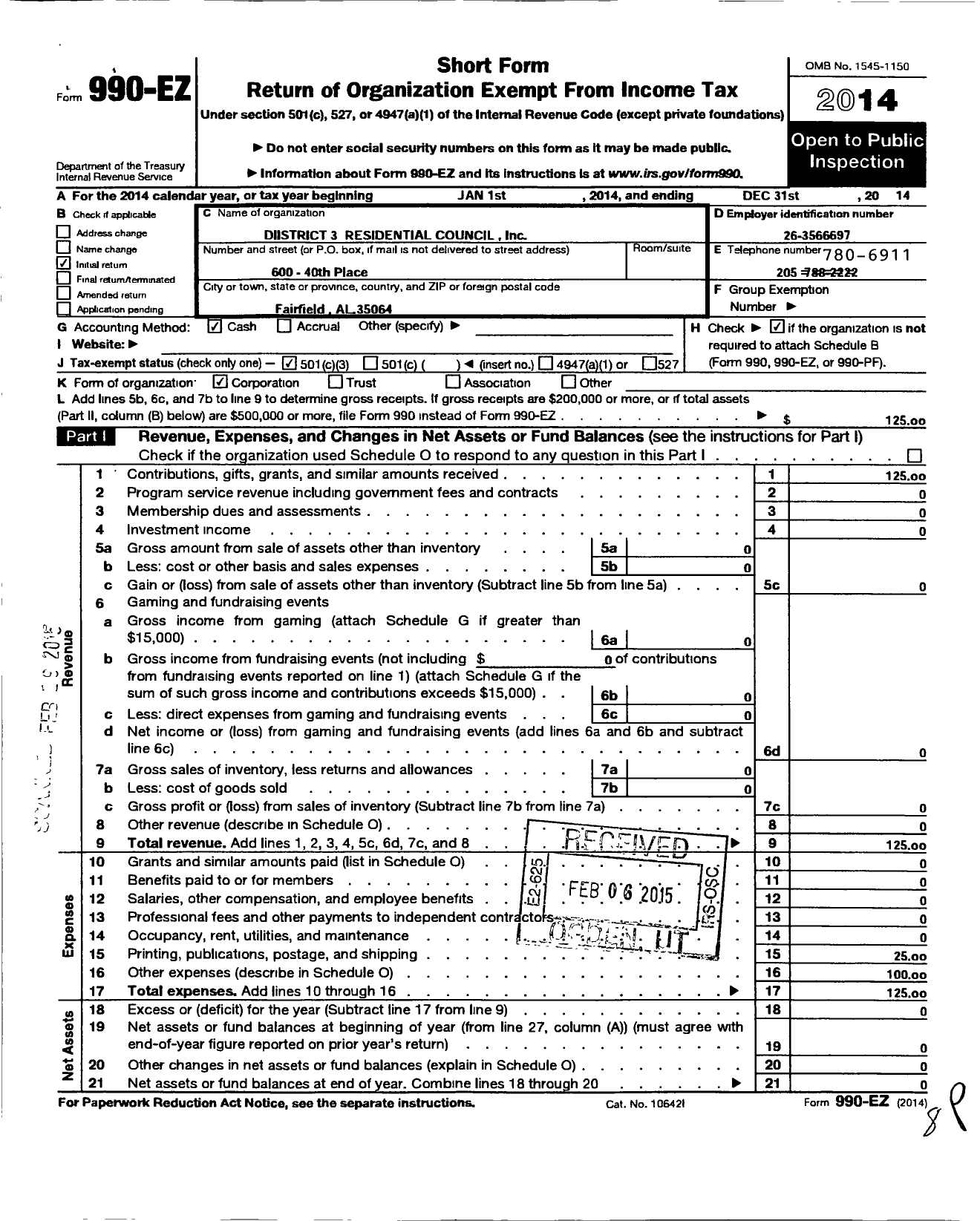 Image of first page of 2014 Form 990EZ for District 3 Residential Council