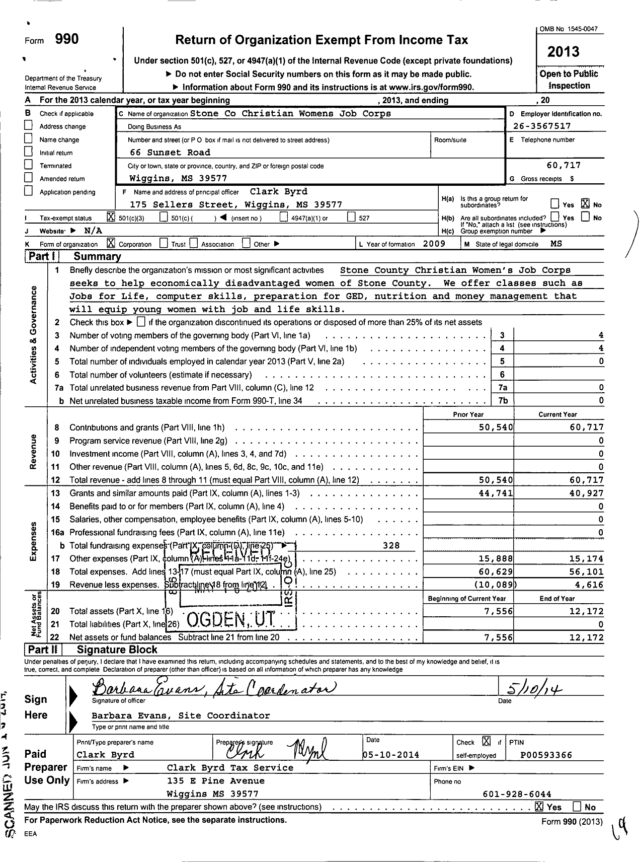Image of first page of 2013 Form 990 for Stone County Christian Womens Job Corps