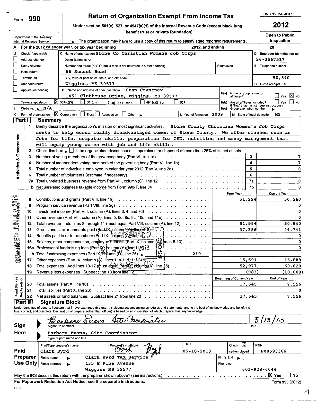 Image of first page of 2012 Form 990 for Stone County Christian Womens Job Corps