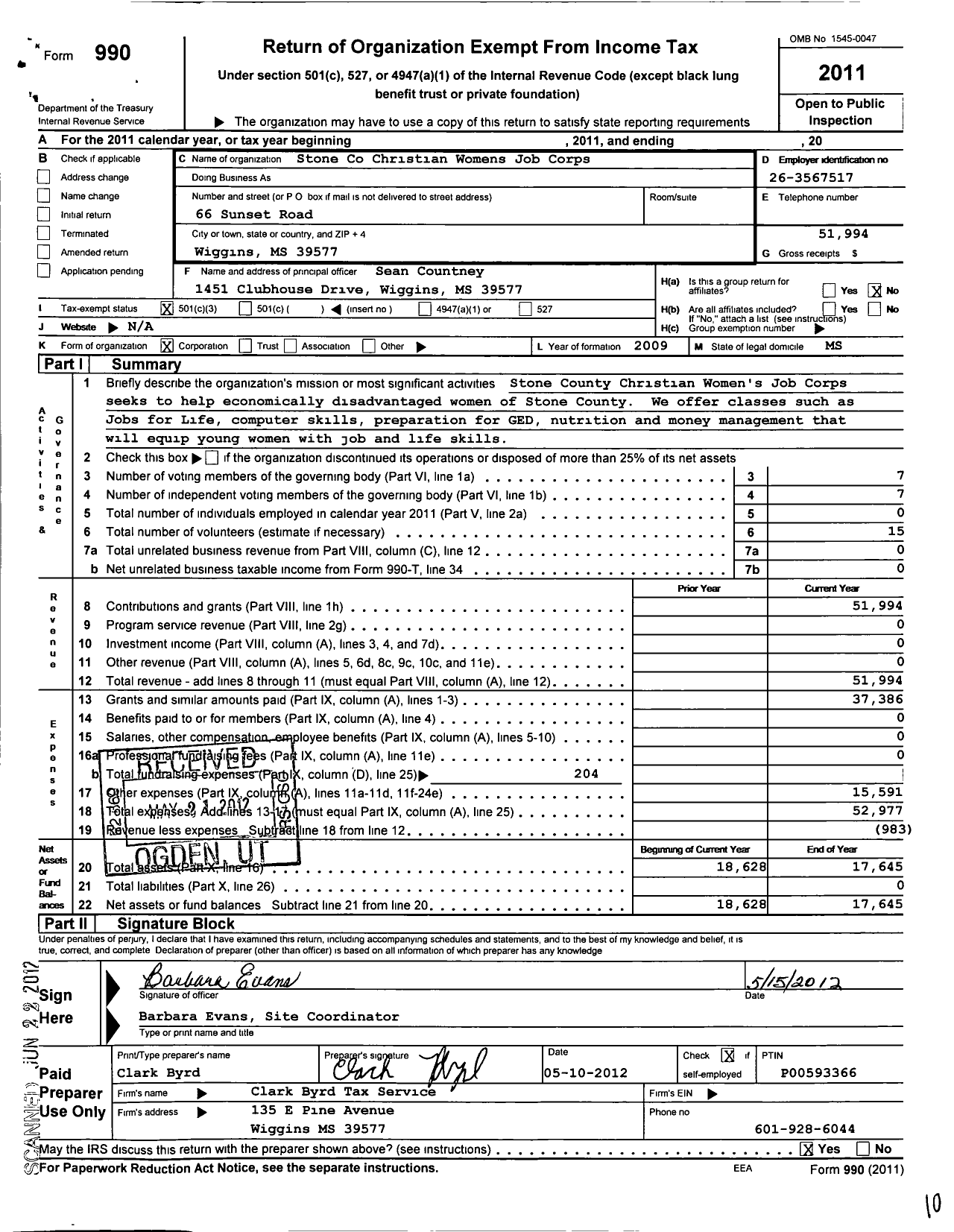 Image of first page of 2011 Form 990 for Stone County Christian Womens Job Corps