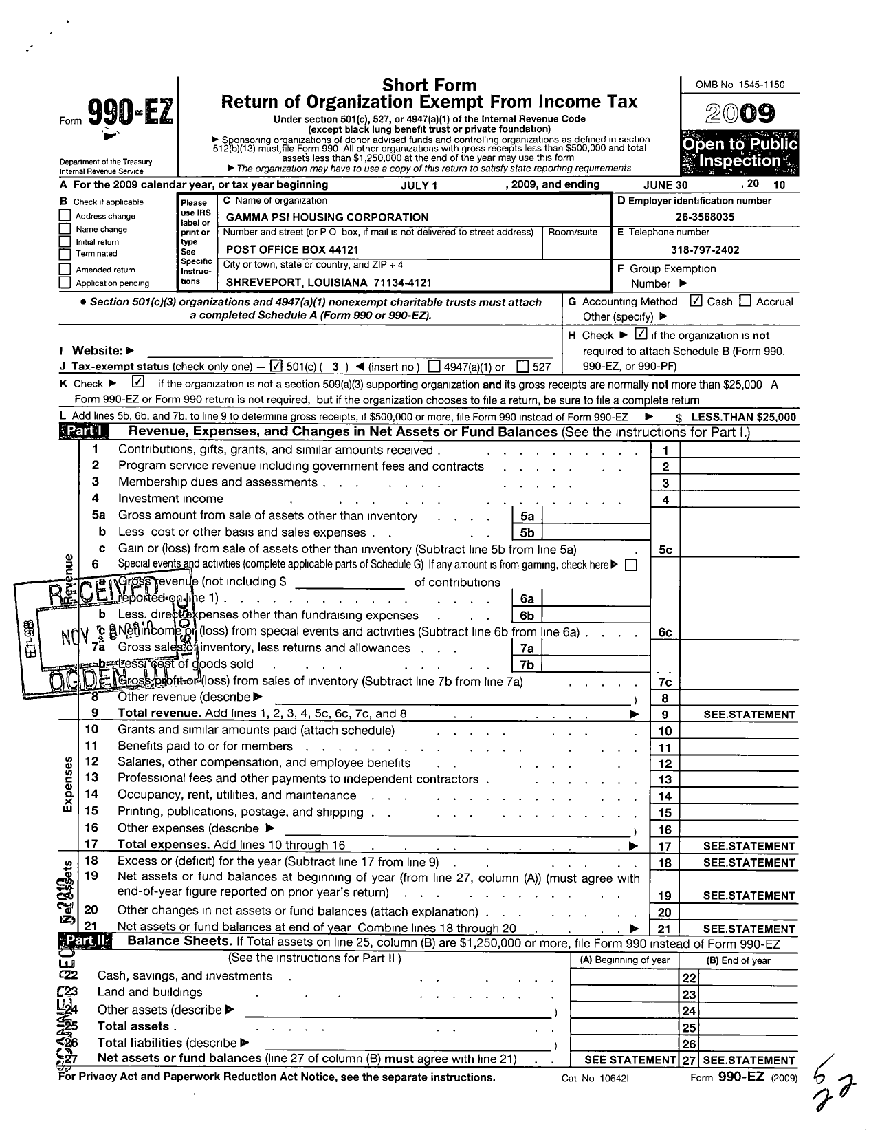 Image of first page of 2009 Form 990EZ for Gamma Psi Housing Corporation