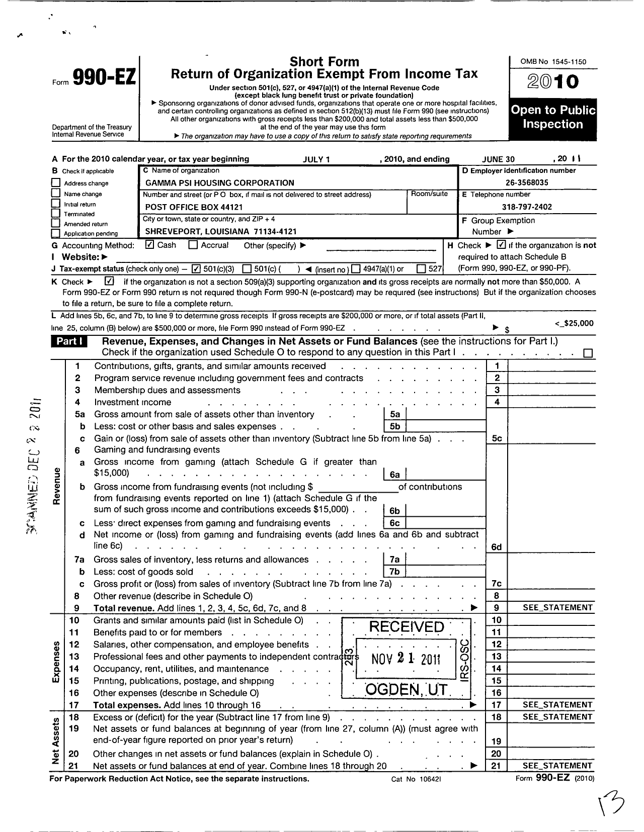 Image of first page of 2010 Form 990EZ for Gamma Psi Housing Corporation