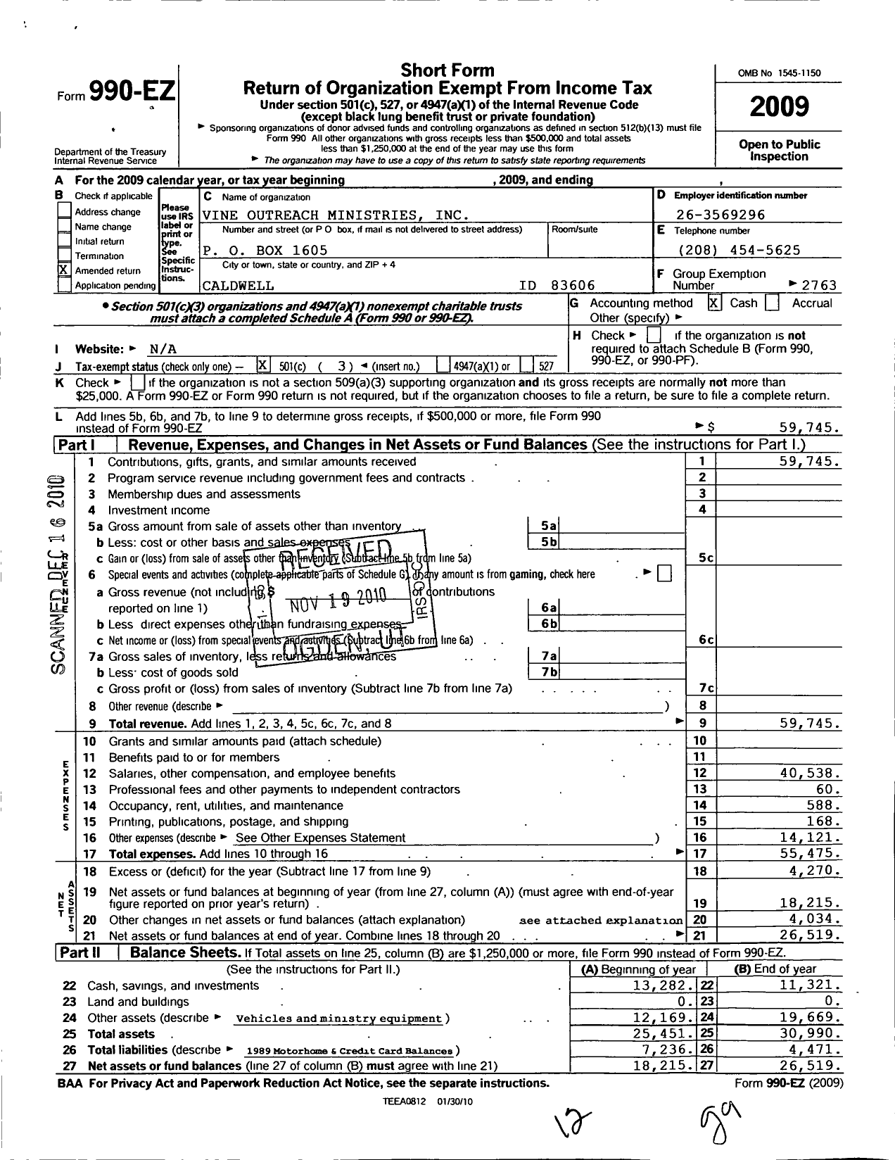 Image of first page of 2009 Form 990EZ for Anchor Bay Evangelistic Association / Vine Outreach Ministries Inc